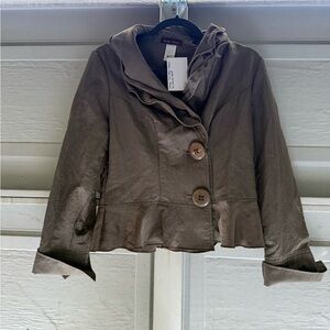 Chic Olive Utility Jacket with Ruffle Collar